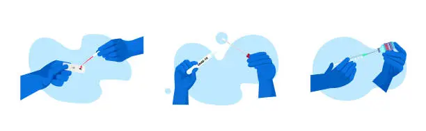 Vector illustration of set doctors or scientists hands holding covid-19 nasal swab syringe and bottle vial and rapid test coronavirus pandemic