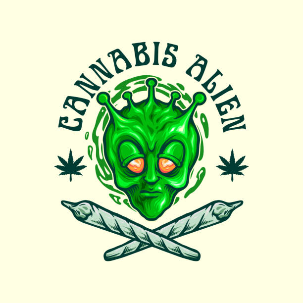 cannabis alien join weed emblem for your work logo merchandise clothing line, naklejki i plakat, kartki z życzeniami reklamujące firmę biznesową lub marki. - mascot alien space mystery stock illustrations