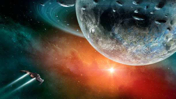 istock Space background. Spaceship fly in colorful nebula with planet and asteroid belt, planetary ring 1290244197