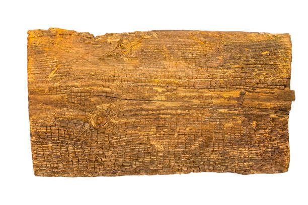 istock Old rustic, rectangular Driftwood detail sand point, vintage, kitchen, cutting wood board, with structure and cracked, scratched and dirty, dark brown, isolated on white background, top, new 1290244466