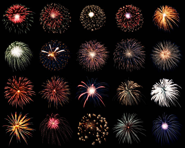collezione di diversi fuochi d'artificio colorati. colpi singoli. - fey foto e immagini stock