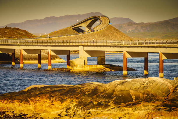 World famous Atlantic road bridge Atlanterhavsvegen in Norway Europe. Norwegian national scenic route. Tourist attraction.