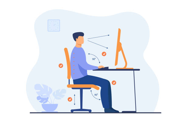 Instruction for correct pose during office work Instruction for correct pose during office work flat vector illustration. Cartoon worker sitting at desk with right posture for healthy back and looking at computer. Health and ergonomics concept desk stock illustrations