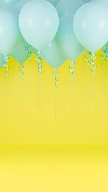 Photo of Blue balloons floating in yellow pastel background.birthday party and new year concept. 3d model and illustration.