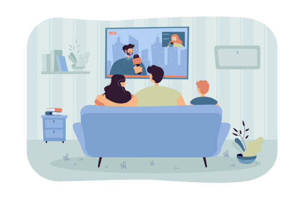 illustrazioni stock, clip art, cartoni animati e icone di tendenza di famiglia felice con il bambino seduto sul divano e guardando le notizie - people living room mother son