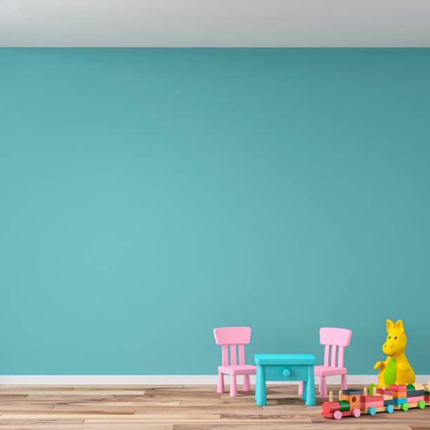 Empty children room with toys on hardwood floor in front of tiffany blue plaster wall background. 3D rendered image.