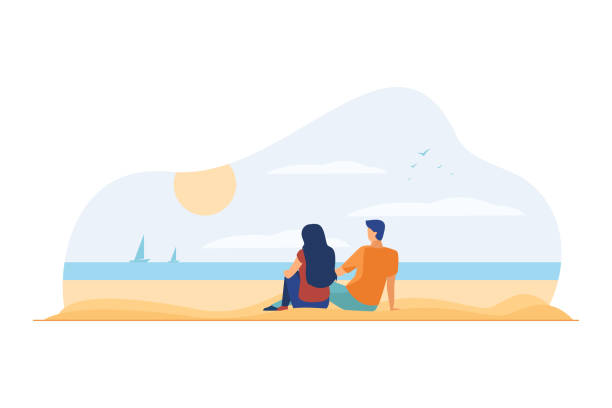Happy couple sitting on beach and watching seascape Happy couple sitting on beach and watching seascape. Date, sea, sunset flat vector illustration. Recreation and love concept for banner, website design or landing web page couple relationship illustrations stock illustrations