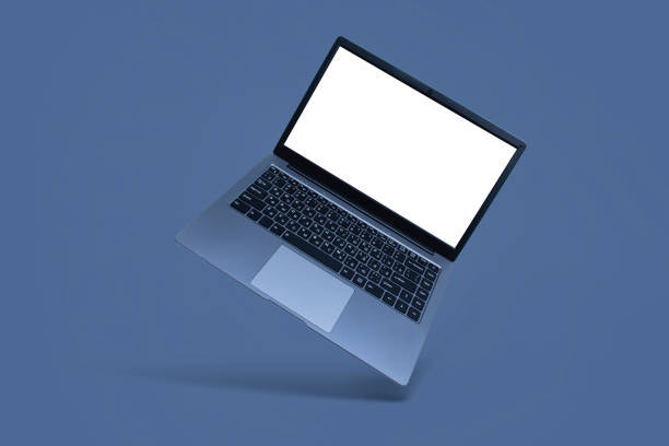 istock Slim modern laptop with white screen mockup on gray background with shadow. 1290250589