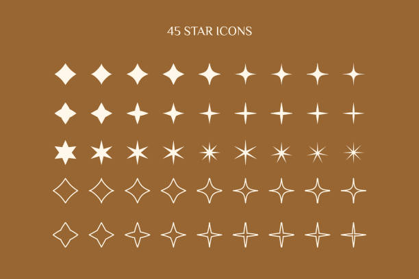 ilustraciones, imágenes clip art, dibujos animados e iconos de stock de un conjunto de iconos star en un estilo minimalista simple y lineal. vector sparkle sign, twinkle, shiny, glowing light effect - stars