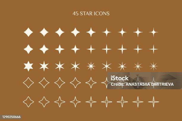 A Set Of Star Icons In A Minimalistic Simple And Linear Style Vector Sparkle Sign Twinkle Shiny Glowing Light Effect - Arte vetorial de stock e mais imagens de Formato de Estrela