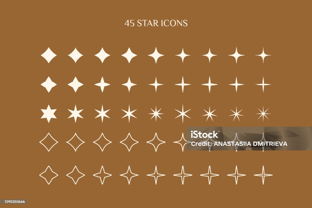 Набор звездных иконок в минималистичном простом и линейном стиле. Вектор искра знак, мерцание, блестящий, светящийся световой эффект - Векторная графика Звезда роялти-фри