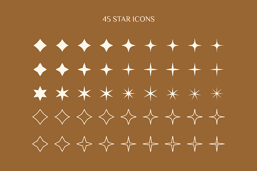 A set of Star icons in a minimalistic simple and linear style. Vector Sparkle Sign, Twinkle, Shiny, Glowing light effect.