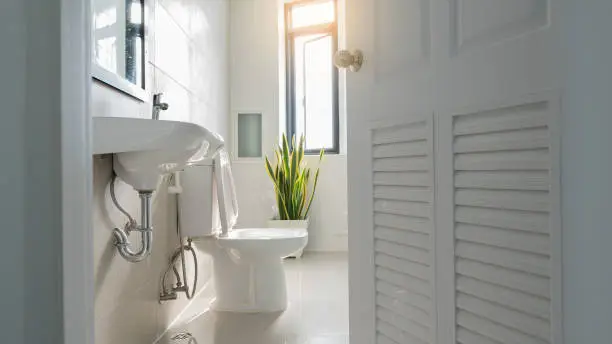 Photo of White bathroom door that overlooks the sink and toilet lit by the window.