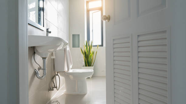 белая дверь ванной комнаты с видом на раковину и туалет, освещенный окном. - bathroom luxury house home interior стоковые фото и изображения