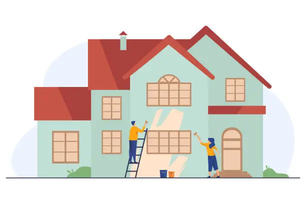 Vector illustration of Happy couple painting house facade