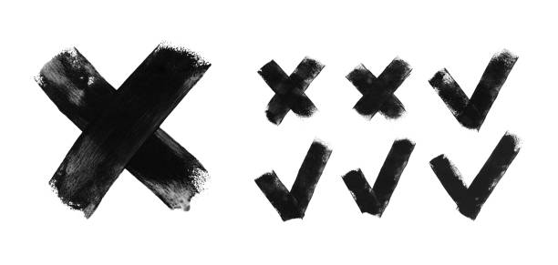 Set of seven trendy flat examples of check mark and cross icons - hand painted by black acrylic paint on white paper background vector illustration with amazing uneven natural irregular brush strokes - graphic signs of truth or falsehood Modern flat design of check mark and cross icons. Beautiful original uneven imperfect dirty hand made artworks painted by black acrylic paint and roller on white paper background.
Fantastic natural bad printed details.
Zoom to see the details.
VECTOR FILE - enlarge without lost the quality!
Enjoy creating! check mark graphic stock illustrations
