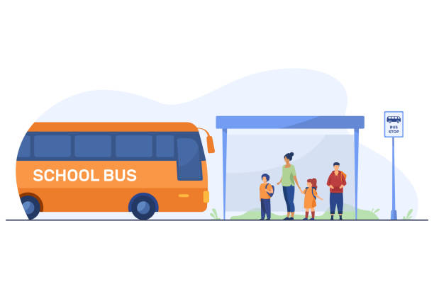 버스 정류장에서 버스를 기다리는 교사와 함�께 하는 아이들 - bus child waiting education stock illustrations