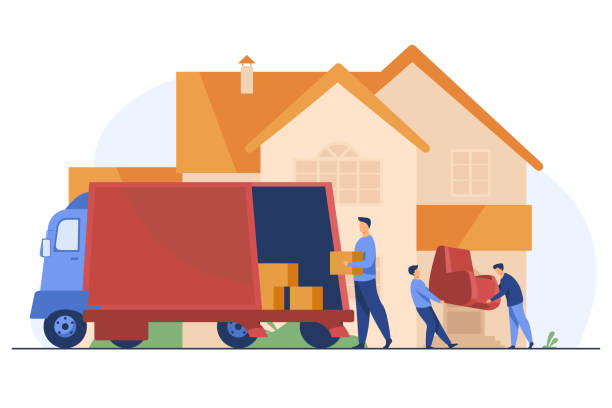 Loaders carrying armchair and boxes in new house Loaders carrying armchair and boxes in new house. Belonging, van, worker flat vector illustration. Relocation or transportation concept for banner, website design or landing web page new home stock illustrations
