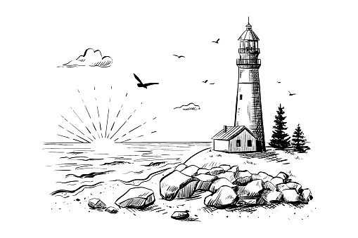 Seascape - view of the coastline, rocks, ocean, waves, lighthouse, house, fir trees. The sun sets over the horizon, the rays illuminate the clouds and a cape with a beacon tower, a sandy shore. Vector sketch