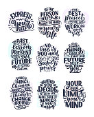istock Set with lettering slogans about be yourself. Funny quotes for blog, poster and print design. Modern calligraphy texts about selfcare. Vector 1290257195