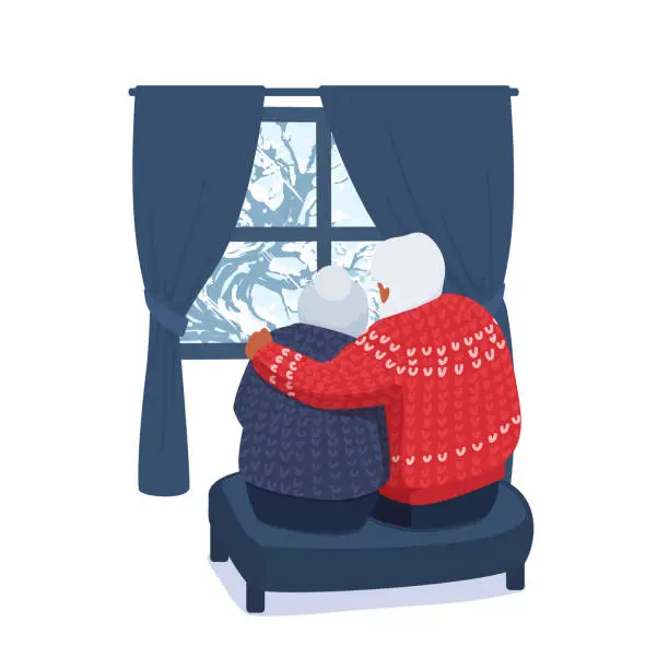 Vector illustration of Senior adult couple looking through the window. The elderly man and woman hugging. Winter season. Old people in love. View from the back.