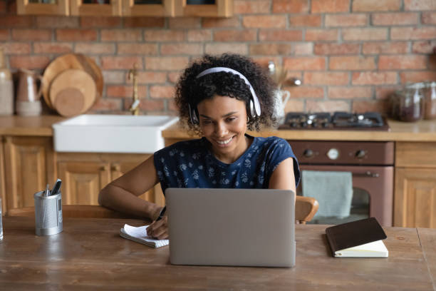 istock Smiling african american woman studying on online courses. 1290259705
