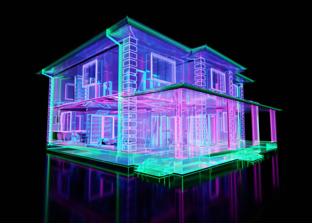 istock Abstract glass two-story building with neon lighting 1290259760