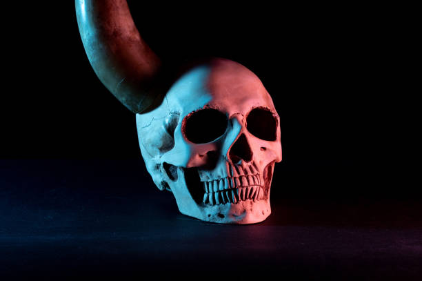 istock Human skull with a horn. Skull with a horn side view. 1290261391
