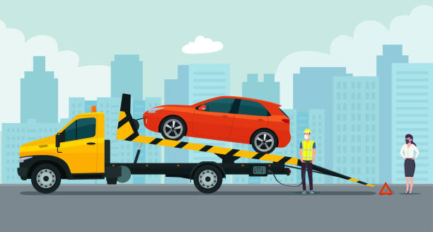 ilustrações de stock, clip art, desenhos animados e ícones de the driver of the tow truck is loading the faulty car. woman car owner watches loading. vector flat style illustration. - tow truck heavy truck delivering