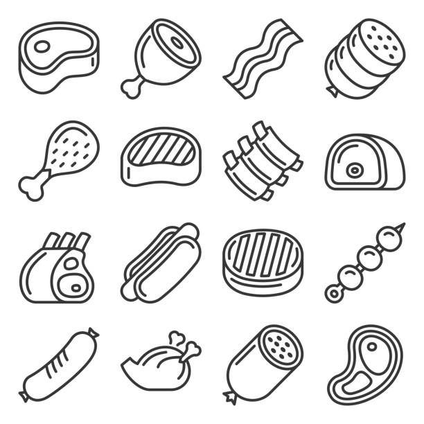 mięso i stek ikony zestaw na białym tle. wektor - żebra stock illustrations