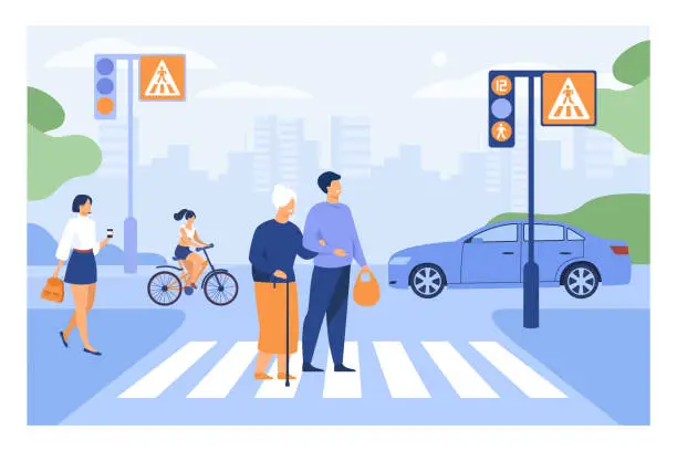 Vector illustration of Young man helping old woman crossing road