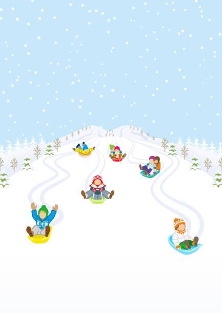 ilustraciones, imágenes clip art, dibujos animados e iconos de stock de niños trineos en la montaña cubierta de nieve de invierno - tobogganing vector winter snow