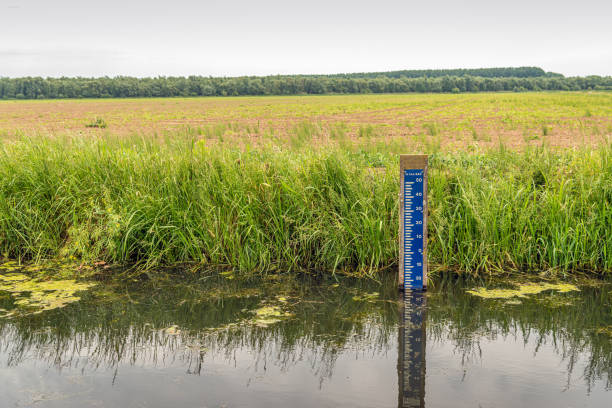 water level scale in a dutch ditch - polder field meadow landscape imagens e fotografias de stock