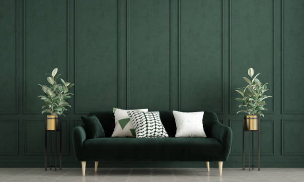 istock Modern cozy living room and green wall texture background interior design 1290271179