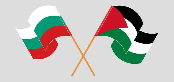 Vector illustration of Crossed and waving flags of Palestine and Bulgaria