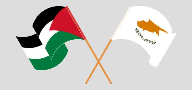 Vector illustration of Crossed and waving flags of Palestine and Cyprus