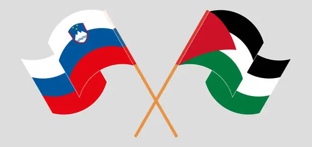 Vector illustration of Crossed and waving flags of Palestine and Slovenia