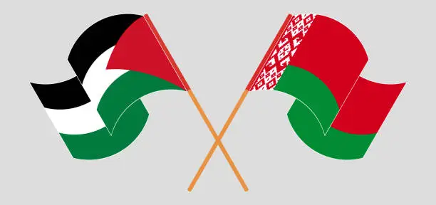 Vector illustration of Crossed and waving flags of Palestine and Belarus