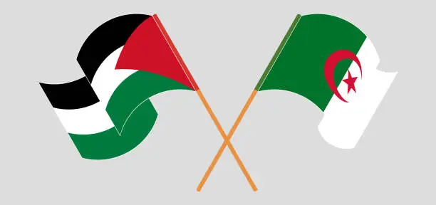 Vector illustration of Crossed and waving flags of Palestine and Algeria