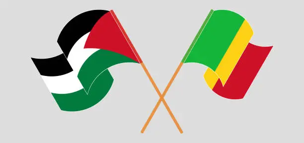 Vector illustration of Crossed and waving flags of Palestine and Mali