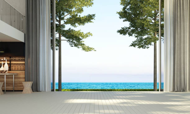 istock Modern interior design and mock up room and wall texture background and sea view 1290273050