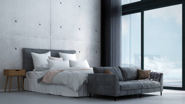 istock Modern interior design and mock up bedroom and concrete wall texture background 1290273061