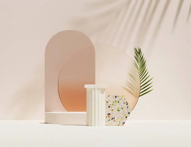 Photo of 3D podium display, beige background. Summer pastel pedestal with green and orange terrazzo stone. Beauty product, cosmetic promotion with palm leaf shadow. Tropical studio template. Abstract 3D render