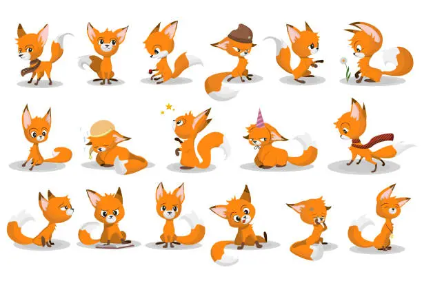 Vector illustration of Cute cartoon red fox set