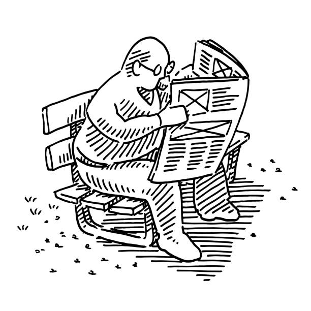 mann sitzt auf park bank lesen zeitung zeichnung - newspaper doodle the media line art stock-grafiken, -clipart, -cartoons und -symbole