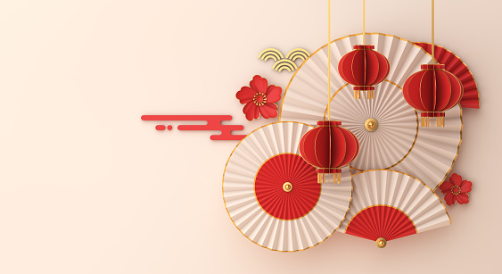 Happy Chinese new year or mid autumn decoration background with red paper hand fan umbrella and lantern, copy space text, 3D rendering illustration
