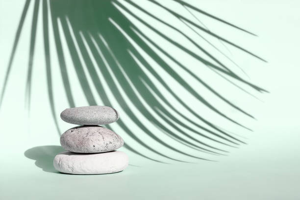 istock Three grey roundstones with a shadow of palm leaf on light green background. Spa stones, zen concept.Shadows photography. Eco trends. Nature aesthetic 1290274907