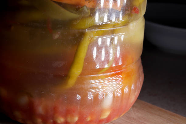 close-up organic mixed pickles in jar