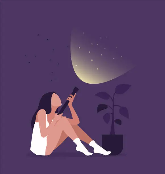 Vector illustration of Young female character sitting and holding a flashlight and illuminate dots. Flat editable vector illustration, clip art