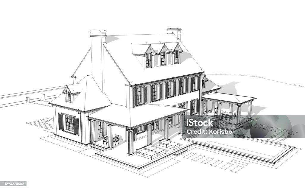 3d rendering of modern classic house in colonial style black line on white background 3d rendering of modern cozy classic house in colonial style with garage and pool for sale or rent with beautiful landscaping on background. Black line sketch with soft light shadows on white background. Garage Stock Photo